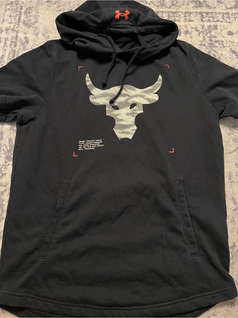 Under Armour Black Hoodie with Gray Bull Logo and Red Accents